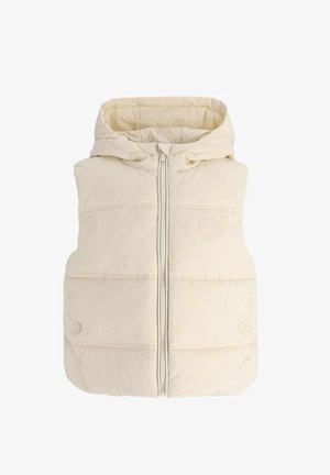 Kremowa pikowana kamizelka bez rękawów z kapturem, zamkiem błyskawicznym z przodu i dwoma kieszeniami na zatrzaski.