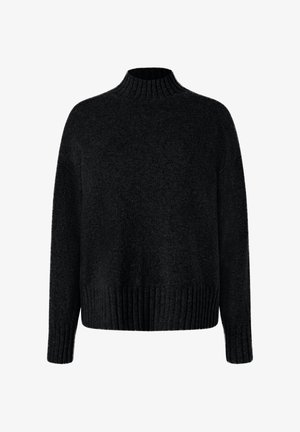 Suéter negro de punto de manga larga con cuello alto acanalado, puños y dobladillo, que presenta un ajuste holgado y ligeramente corto.