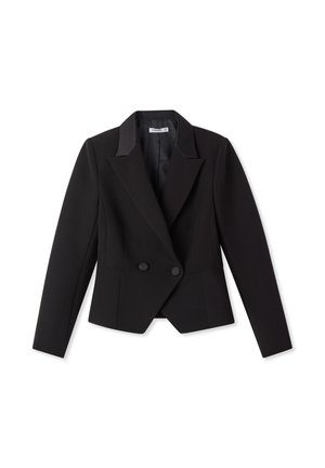 Blazer nero su misura con chiusura doppiopetto, rever a punta e due bottoni circolari. Tessuto liscio con una finitura elegante.
