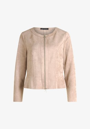 Beżowa skórzana kurtka z okrągłym dekoltem, długimi rękawami i zamkiem błyskawicznym z przodu. Posiada strukturalne szwy i rozszerzany dół. Akcenty w kolorze srebrnym.