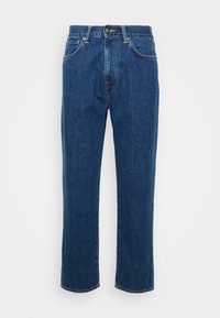 Dark blue denim jeans with a straight cut, five-pocket design, belt loops, and a button closure at the waist. Smooth texture.