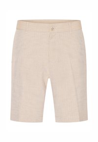 Beige linen shorts, tailored cut, single button closure with a subtle texture. Features belt loops and side pockets.