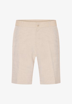 Pantalones cortos de lino beige, con un corte entallado, cierre de un solo botón y una sutil textura. Cuenta con pasadores para cinturón y bolsillos laterales.