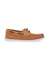 Lederbootsschuh in Tan mit braunen Schnürsenkeln, goldenen Ösen und weißer Gummisohle. Verfügt über Stickerei entlang der Zehen und an der Seite.