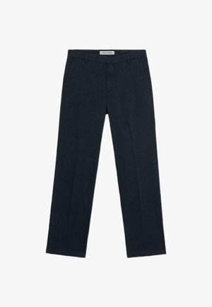 Chinos in cotone blu navy con un design a gamba dritta, dotati di tasche laterali, una tasca posteriore singola e chiusura con bottone.