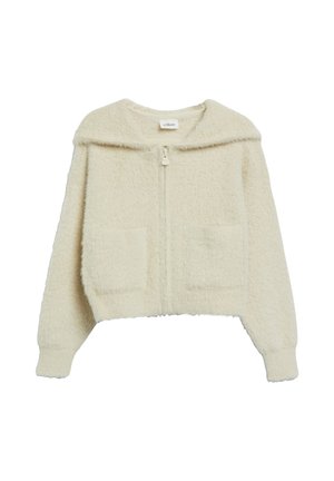 Veste polaire couleur crème à manches longues, fermeture éclair, deux poches avant et large col.