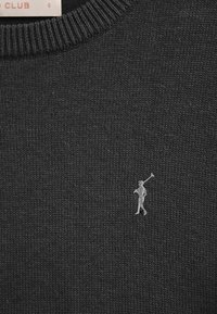 Dunkelgrauer Strickpullover mit geripptem Rundhalsausschnitt, mit einem kleinen gestickten Logo einer Figur, die einen Golfschläger trägt, auf der linken Brust.