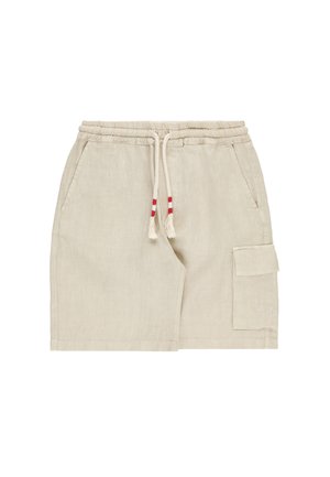 Pantaloncini beige casual con vita elastica, coulisse bianca con dettagli rossi, tasche laterali e tasca cargo con zip sulla gamba destra.