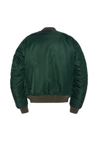 Giacca bomber verde in satin con colletto e polsini a costine, caratterizzata da una texture liscia e un colore uniforme senza motivi.