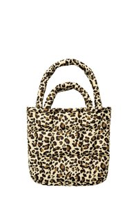 Quilted tote bag with a leopard print design in beige and brown, featuring two padded handles and a soft, textured exterior.