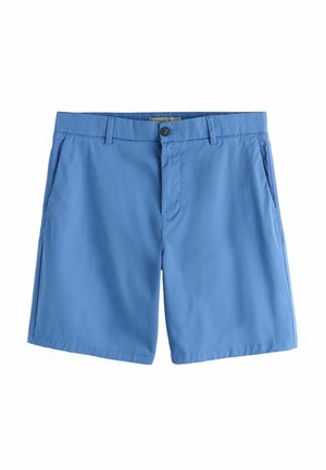 Kék, középhosszú férfi rövidnadrág elöl gombbal, cipzárral, övbújtatókkal és oldalzsebekkel, fehér háttéren.