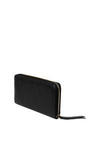 Black leather wallet with a smooth texture, zip closure, and a wrist strap. Features gold-tone hardware and a rectangular shape.