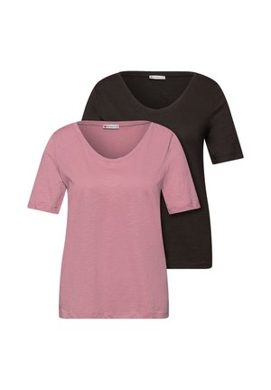 Dos camisetas lisas de manga corta con cuello redondo, una rosa al frente y una negra detrás.