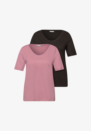 Deux T-shirts simples à manches courtes avec col rond, un rose à l'avant et un noir à l'arrière.