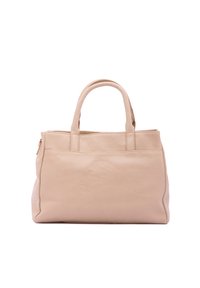 Borsa tote in pelle beige con una finitura testurizzata, manici doppi e chiusura con zip per una conservazione sicura. Design semplice e funzionale.