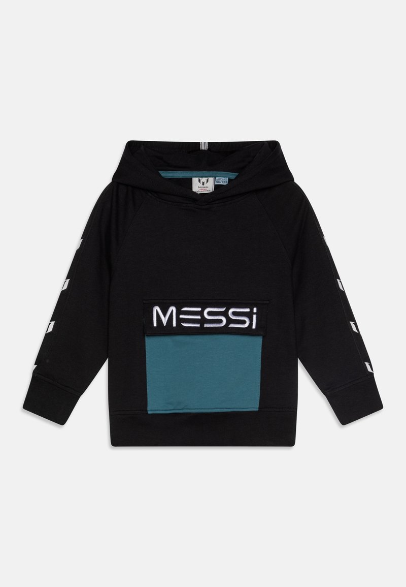 Sweat-shirt à capuche noir avec poche avant bleue et logo "MESSI" sur la poche ; manches longues avec motifs géométriques blancs.