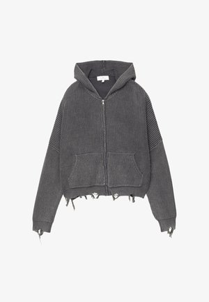Grauer, kurz geschnittener Hoodie mit geribbelter Textur, Frontreißverschluss, zwei Taschen und ausgefranstem Saum. Verfügt über eine geräumige Kapuze und lockere Ärmel.