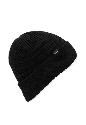 Bonnet en tricot noir avec une texture côtelée et un revers. Présente une petite étiquette logo sur le côté. Fabriqué en matériau doux et extensible.