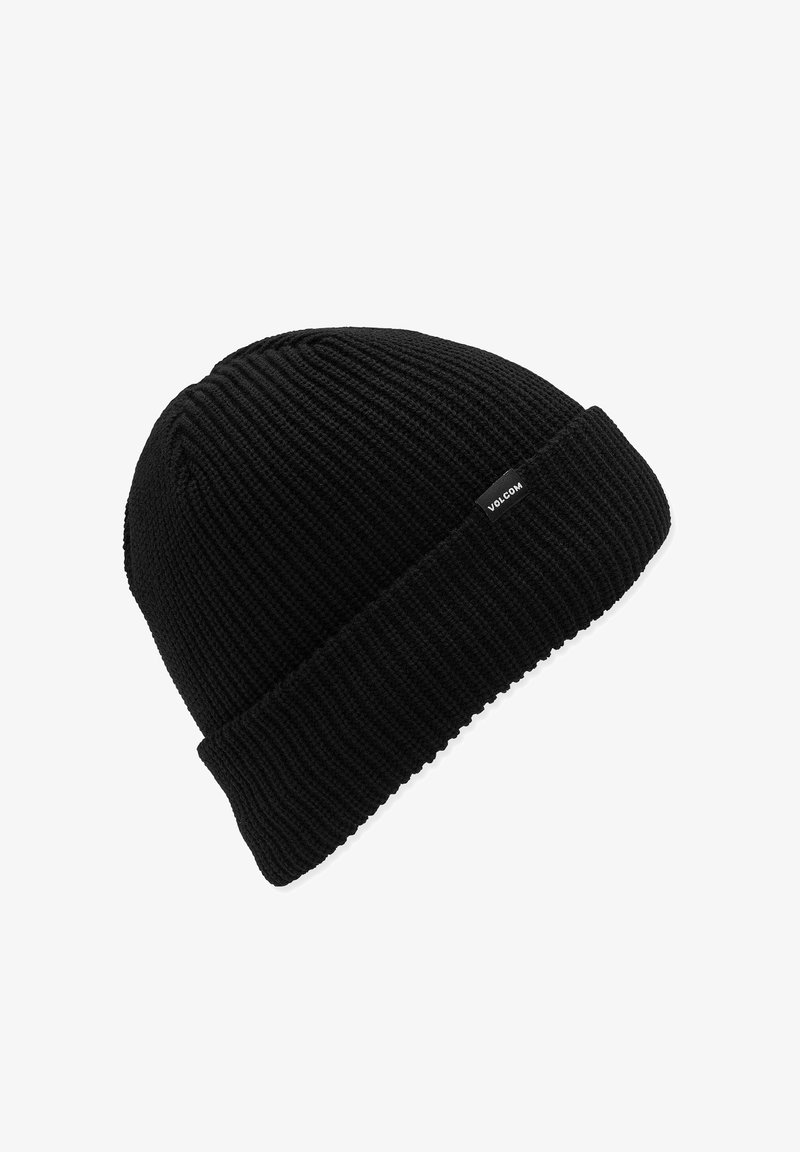 Black knit beanie with a ribbed texture and a folded cuff. Features a small logo tag on the side. Made from a soft, stretchy material.