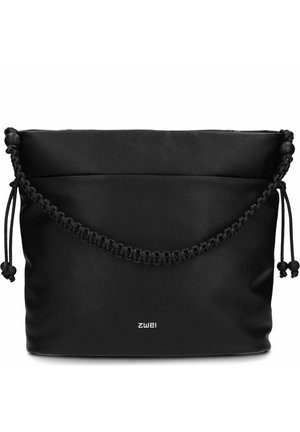 Sac à épaule en cuir noir avec une bandoulière tressée, des côtés à cordon et le logo « zwei » au centre devant.