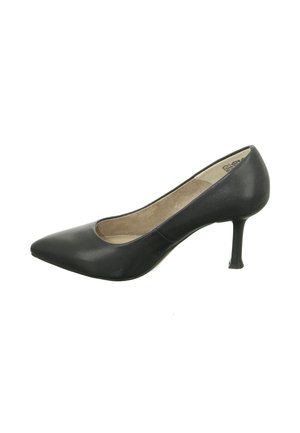 Schwarzer Highheel-Schuh mit spitzer Zehenpartie, aus glattem Synthetikleder gefertigt, mit dünnem Absatz und beigem gepolstertem Innenfutter.