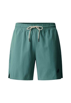 Zelené elastické plavkové šortky s béžovým sťahovacím šnúrkou a malým čiernym logom na spodnej pravej nohe.