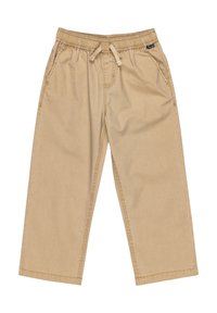 Khaki nohavice s elastickým pásom a nastaviteľnou šnúrkou; obsahujú predné vrecká a rovný strih. Hladký bavlnený materiál.