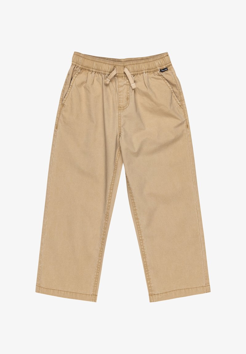 Khaki kalhoty s elastickým páskem a nastavitelnou šňůrkou; obsahují přední kapsy a suchý střih nohavic. Hladký bavlněný materiál.