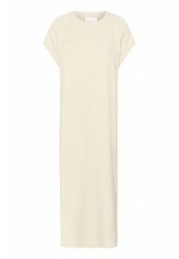 Rochie crem dintr-un material moale, până la genunchi, cu mâneci scurte raglan și o croială lejeră. Textură netedă, fără modele sau accente.