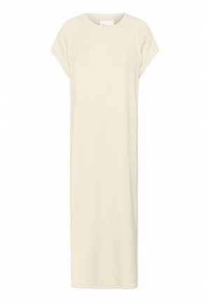 Krema boje, haljina do koljena napravljena od mekog materijala s kratkim raglan rukavima i opuštenim krojem. Glatka tekstura, bez uzoraka ili akcenata.