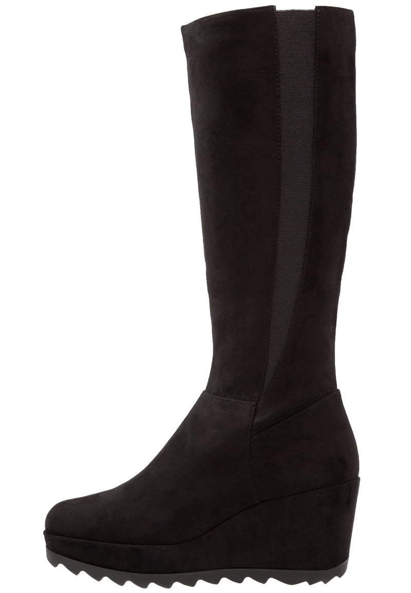 Mustat mokka polven yli ulottuvat saappaat, joissa on elastiset sivupaneelit, wedge-korkokengät ja teksturoitu pohja. Sujuva pinta ja pyöristetyn varren muotoilu.