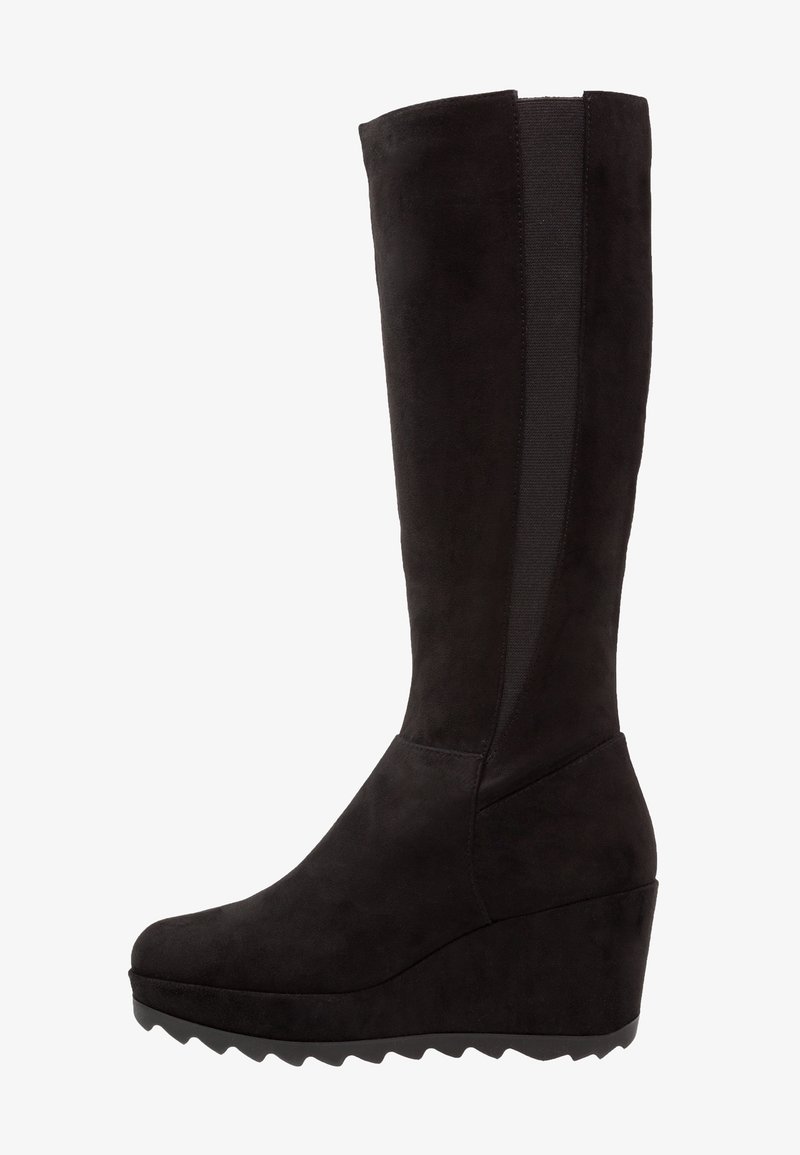 Mustat mokka polven yli ulottuvat saappaat, joissa on elastiset sivupaneelit, wedge-korkokengät ja teksturoitu pohja. Sujuva pinta ja pyöristetyn varren muotoilu.