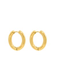 Boucles d'oreilles en or avec une finition polie, de forme arrondie et une fermeture à charnière. Leur design présente une texture lisse et une épaisseur uniforme.