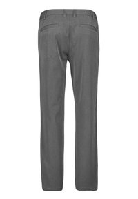 Grijze broek met een rechte pijp, gemaakt van een gestructureerde stof. Heeft twee achterzakken en een knoopsluiting.