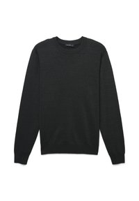 Schwarzer Rundhals-Pullover aus weich strukturiertem Material, mit langen Ärmeln und einem schlichten Design ohne auffällige Muster oder Akzente.