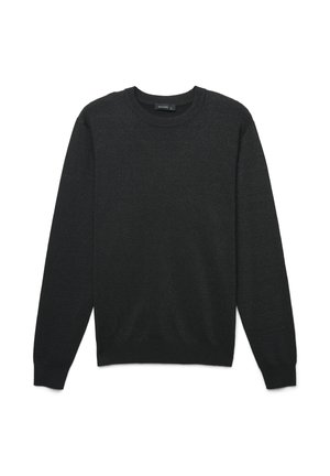 Pull noir à col rond en tissu doux, avec des manches longues et un design simple sans motifs ou accents notables.