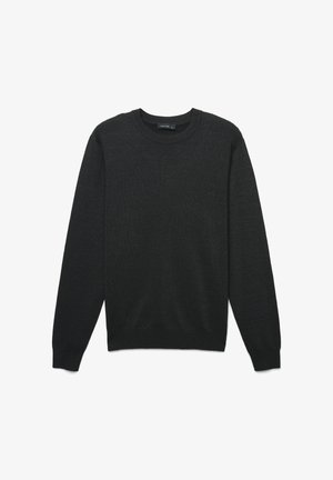 Maglione nero a girocollo realizzato in un tessuto morbido, con maniche lunghe e un design semplice senza motivi o accenti notevoli.