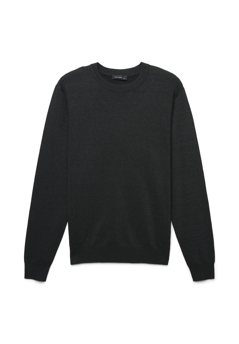 Schwarzer Rundhals-Pullover aus weich strukturiertem Material, mit langen Ärmeln und einem schlichten Design ohne auffällige Muster oder Akzente.