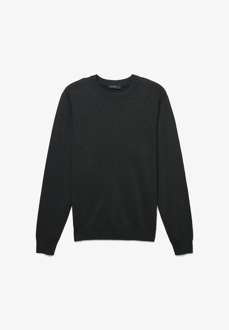 Schwarzer Rundhals-Pullover aus weich strukturiertem Material, mit langen Ärmeln und einem schlichten Design ohne auffällige Muster oder Akzente.