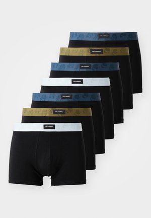 Ensemble de sept boxers noirs avec des ceintures élastiques de couleurs variées : bleu, vert, olive et bleu clair, avec un design de logo.