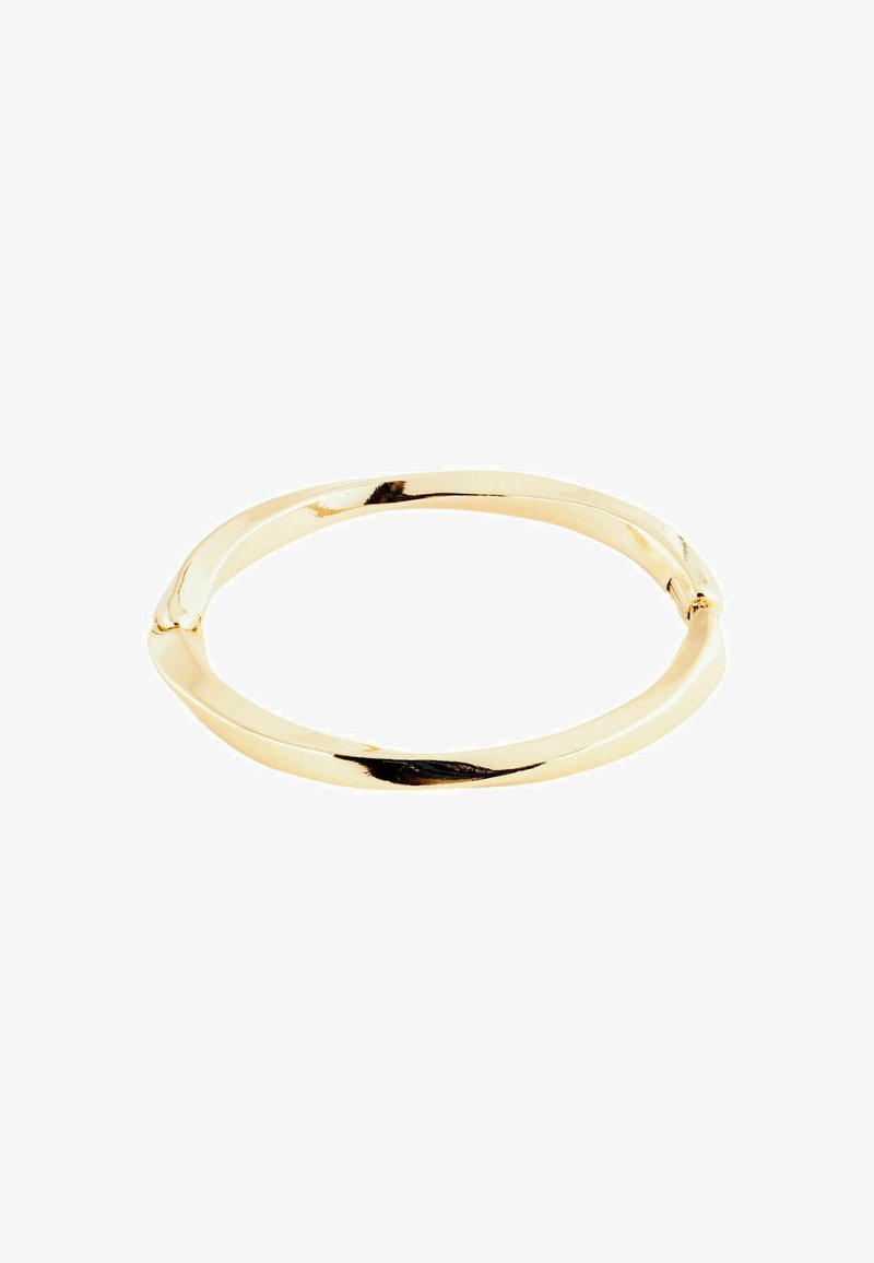 Bracelet jonc en ton doré avec un design lisse et courbe. Présente une surface polie et sans couture, ainsi qu'une esthétique minimaliste.