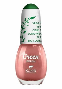 Kokie professionell nagellacksflaska med ett grönt kupollock, rosa nyans och märkt "Grön nagellack." Innehåller vegan- och djurvänlig märkning.