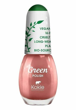 Kokie professionell nagellacksflaska med ett grönt kupollock, rosa nyans och märkt "Grön nagellack." Innehåller vegan- och djurvänlig märkning.