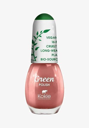 Kokie ammattimainen kynsilakkapullo, jossa on vihreä kupolimainen korkki, vaaleanpunainen sävy ja etiketti "Vihreä kynsilakka". Sisältää vegaanista ja eläinkokeetonta brändäystä.