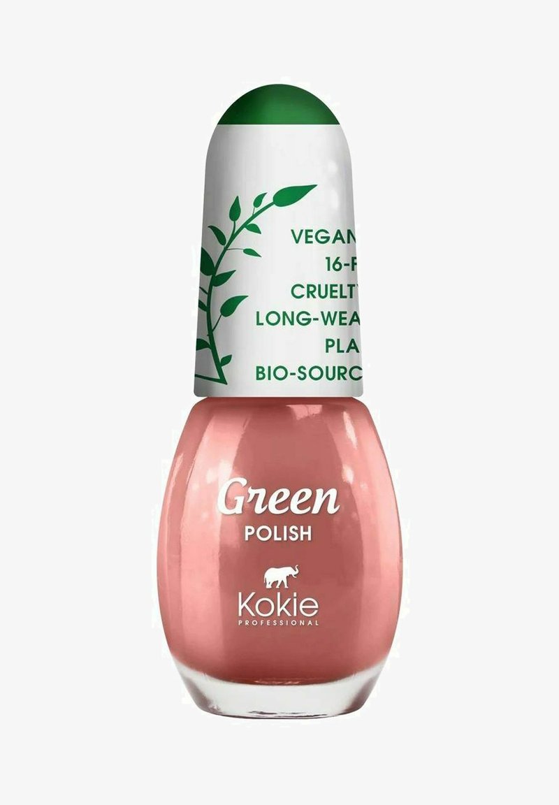 Kokie professionel neglelakflaske med en grøn kuppelkappe, lyserød nuance og etiketten "Green Polish." Har vegansk og cruelty-free branding.