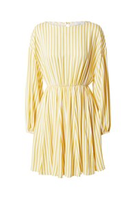 Žluté a bílé pruhované šaty s dlouhými nafouknutými rukávy, elastickým pasem a kulatým výstřihem. Lehce materiál s volným siluetou.