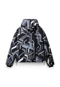Veste à capuche noire et grise à motif géométrique, logos Napapijri en blanc, cordons de serrage à l’ourlet et manches longues, vue de dos.