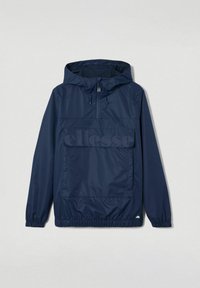 Navyblaue Kapuzenanorakjacke aus glattem Material, mit einem halben Reißverschluss vorne, großer Fronttasche und elastischen Bündchen.