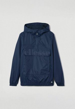 Navyblaue Kapuzenanorakjacke aus glattem Material, mit einem halben Reißverschluss vorne, großer Fronttasche und elastischen Bündchen.