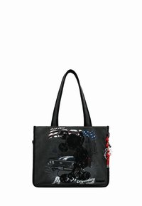 Zwarte synthetische handtas met twee handvatten, voorzien van een autoafbeelding, decoratieve pailletten en een Amerikaans vlagmotief. Afgewerkt met een sleutelhanger.